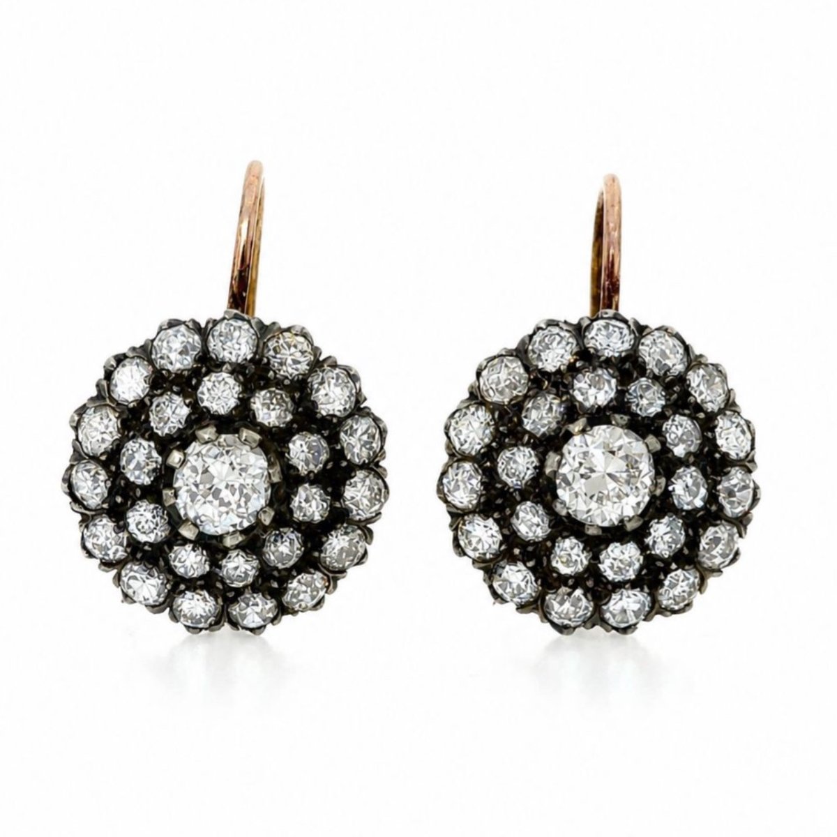 18K Rose Gold & Silver Diamond Cluster Earrings