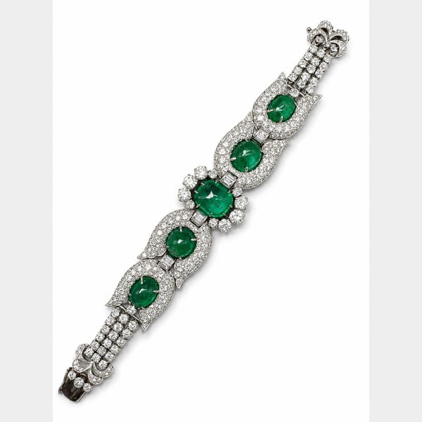 Art Deco French Platinum Gubelin/Bellerophon Certified Emerald & Diamond Bracelet