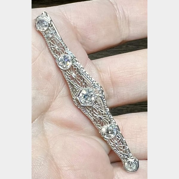 1950's 14K White Gold Filigree Diamond Brooch