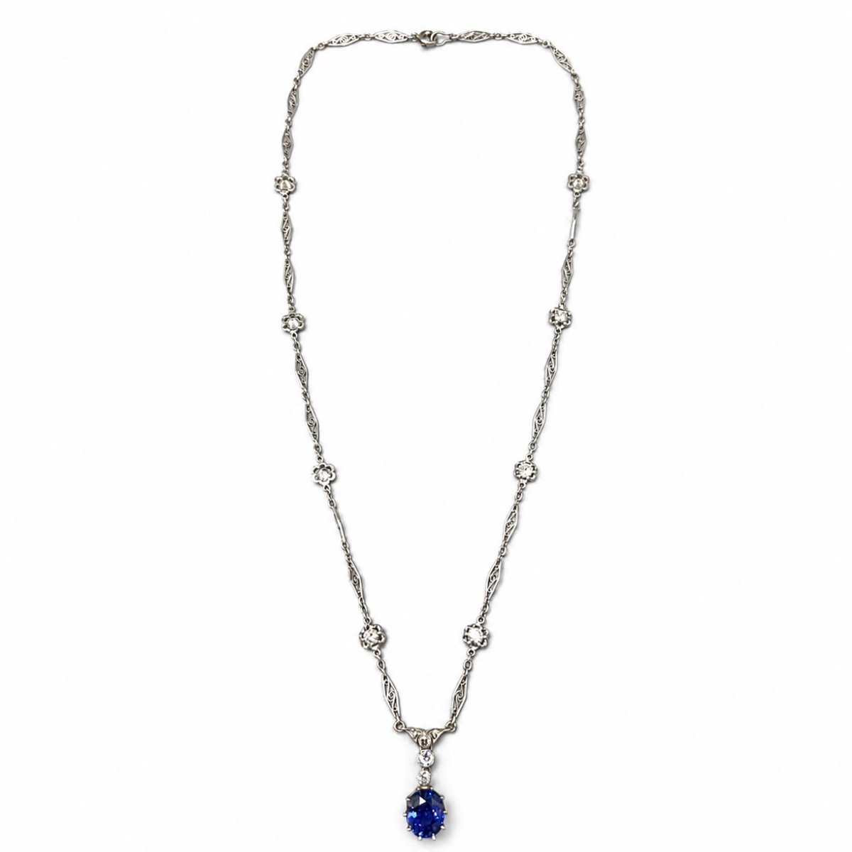 Art Deco Platinum GIA Certified Ceylon No-heat Sapphire & Diamond Necklace