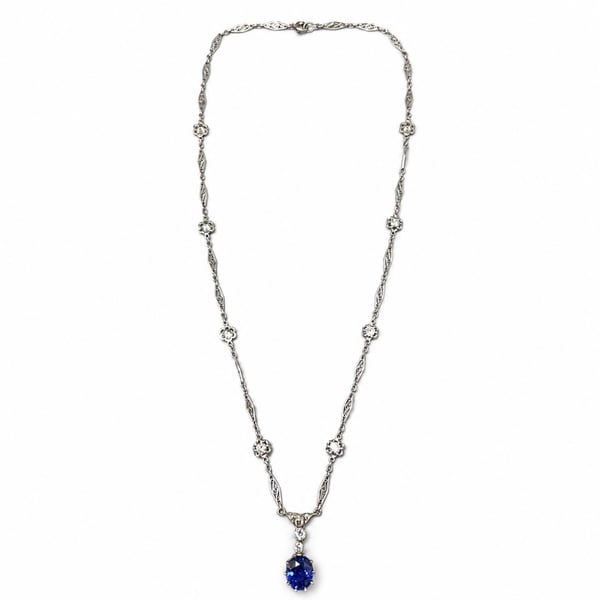 Art Deco Platinum GIA Certified Ceylon No-heat Sapphire & Diamond Necklace