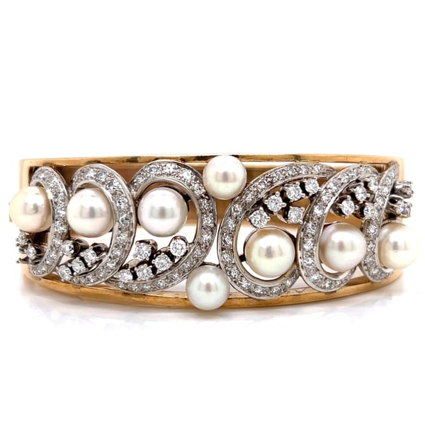 Art Deco 14K Yellow Gold & Platinum Pearl and Diamond Brooch