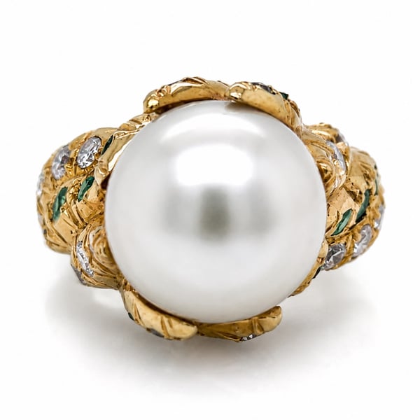 18K Yellow Gold South Sea Pearl, Diamond, and Emerald Ring