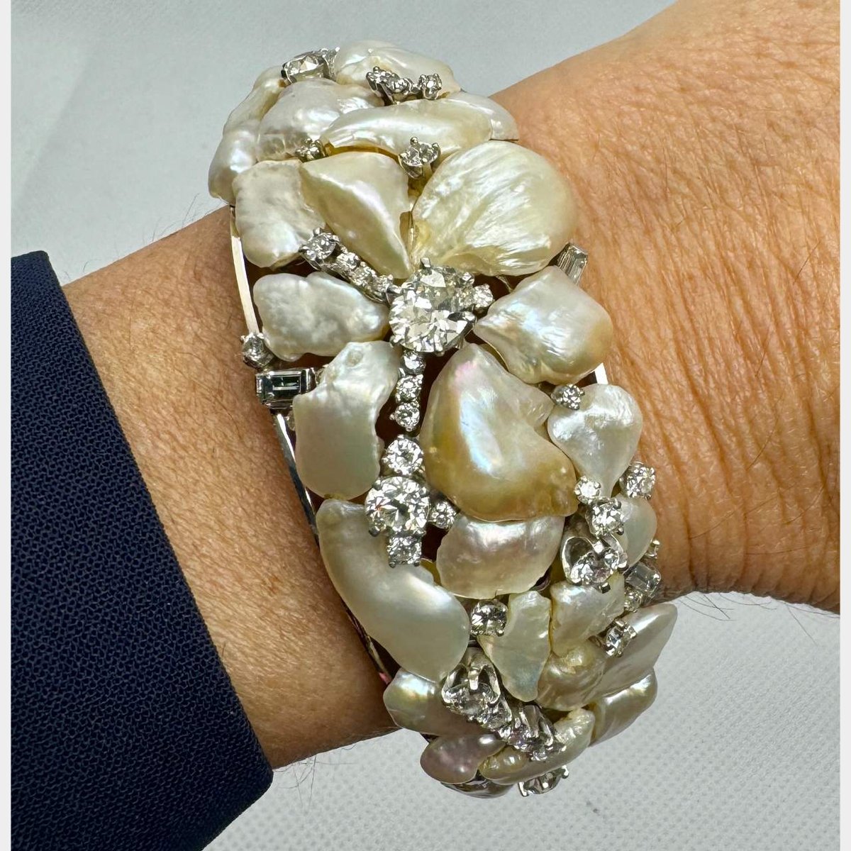 1960's 14K White Gold Baroque Pearl & Diamond Bangle