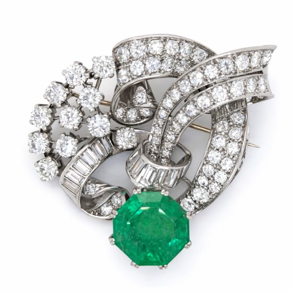 Art Deco Platinum GIA Certified 9.77 Ct. Emerald & Diamond Brooch