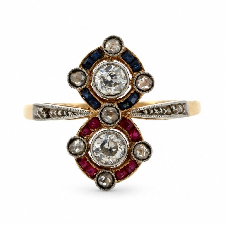 Victorian 18K Yellow Gold & Platinum Top Diamond, Ruby, and Sapphire Ring