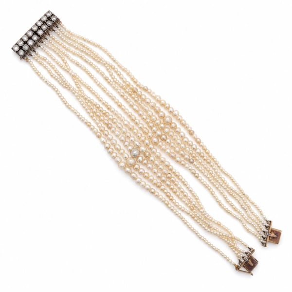 Victorian French 18K Yellow Gold & Silver Top Natural Pearl and Diamond Bracelet