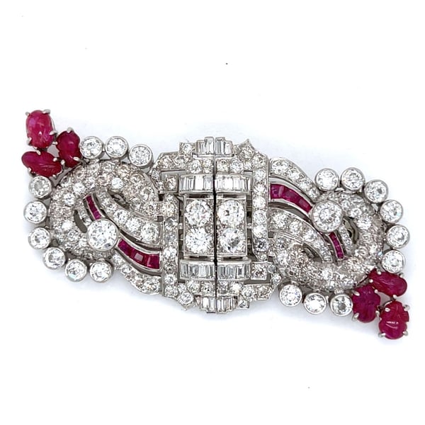 Art Deco Platinum Burma No-heat Ruby & Diamond Brooch/Clips