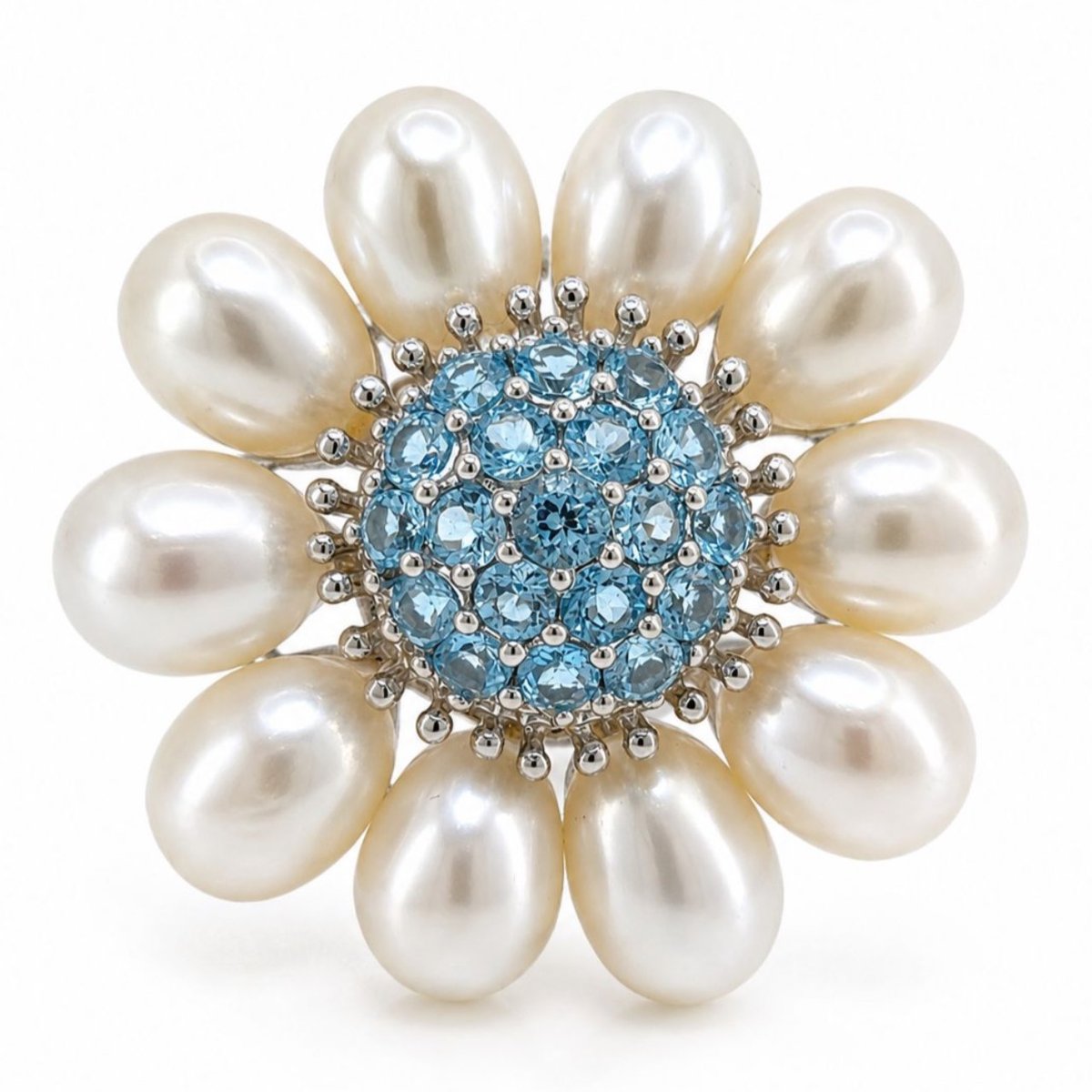 18K White Gold Blue Topaz & Fresh Water Pearl Brooch/Pendant