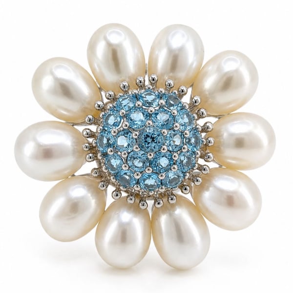 18K White Gold Blue Topaz & Fresh Water Pearl Brooch/Pendant