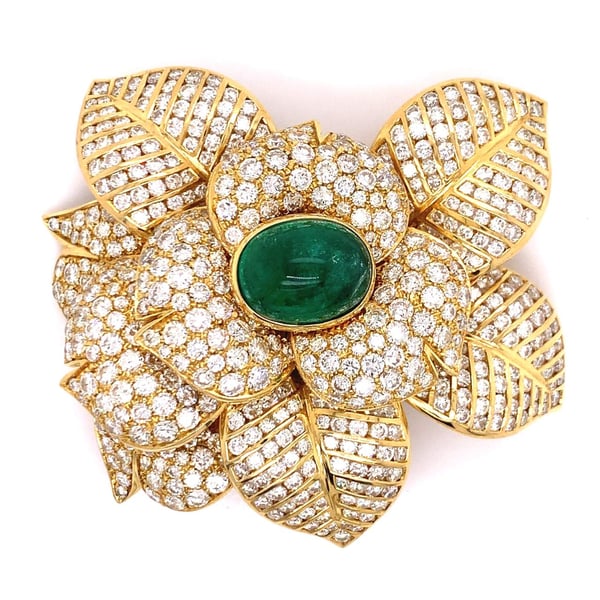 18K Yellow Gold Emerald & Diamond Flower Brooch