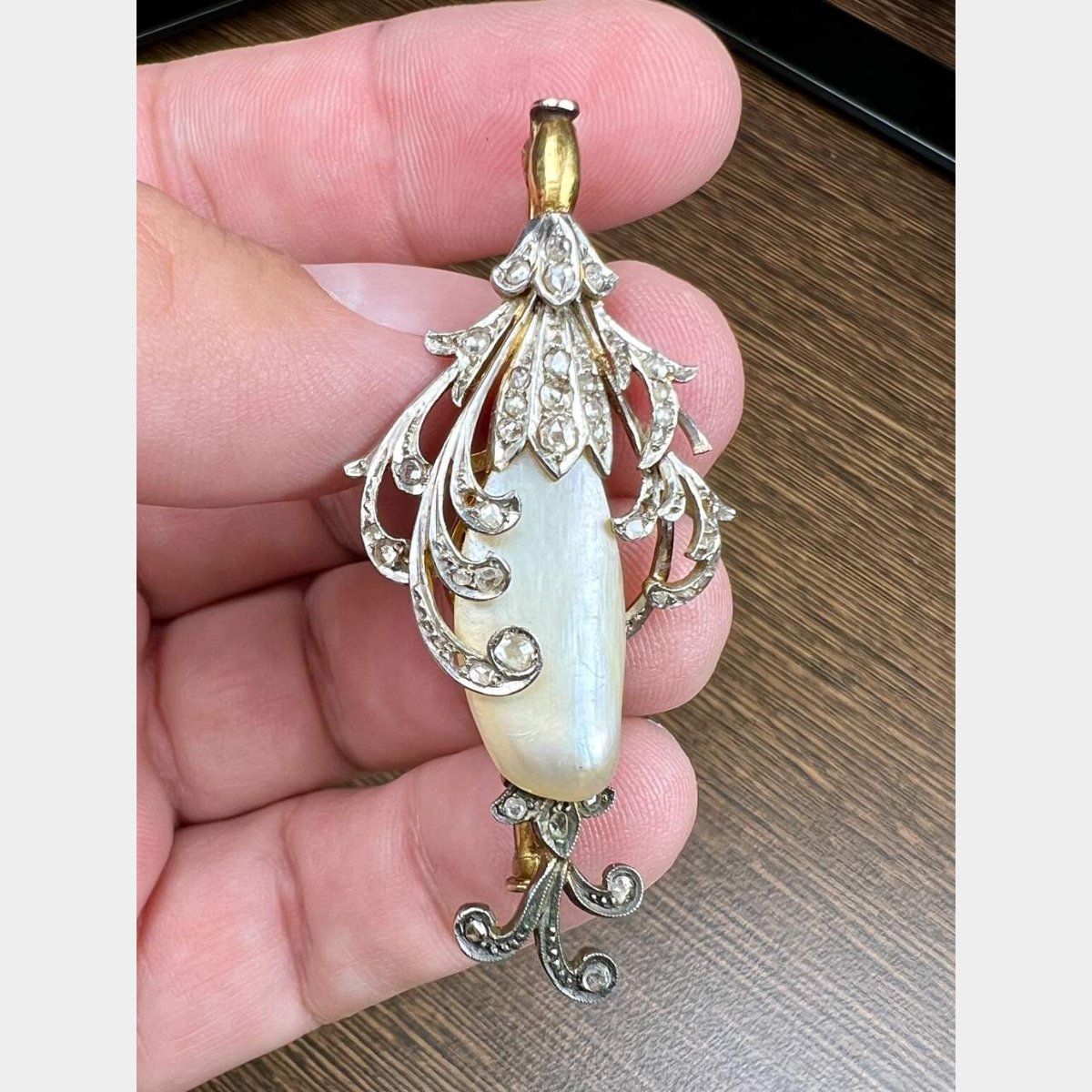 Victorian 18K & Platinum Natural Pearl and Diamond Brooch