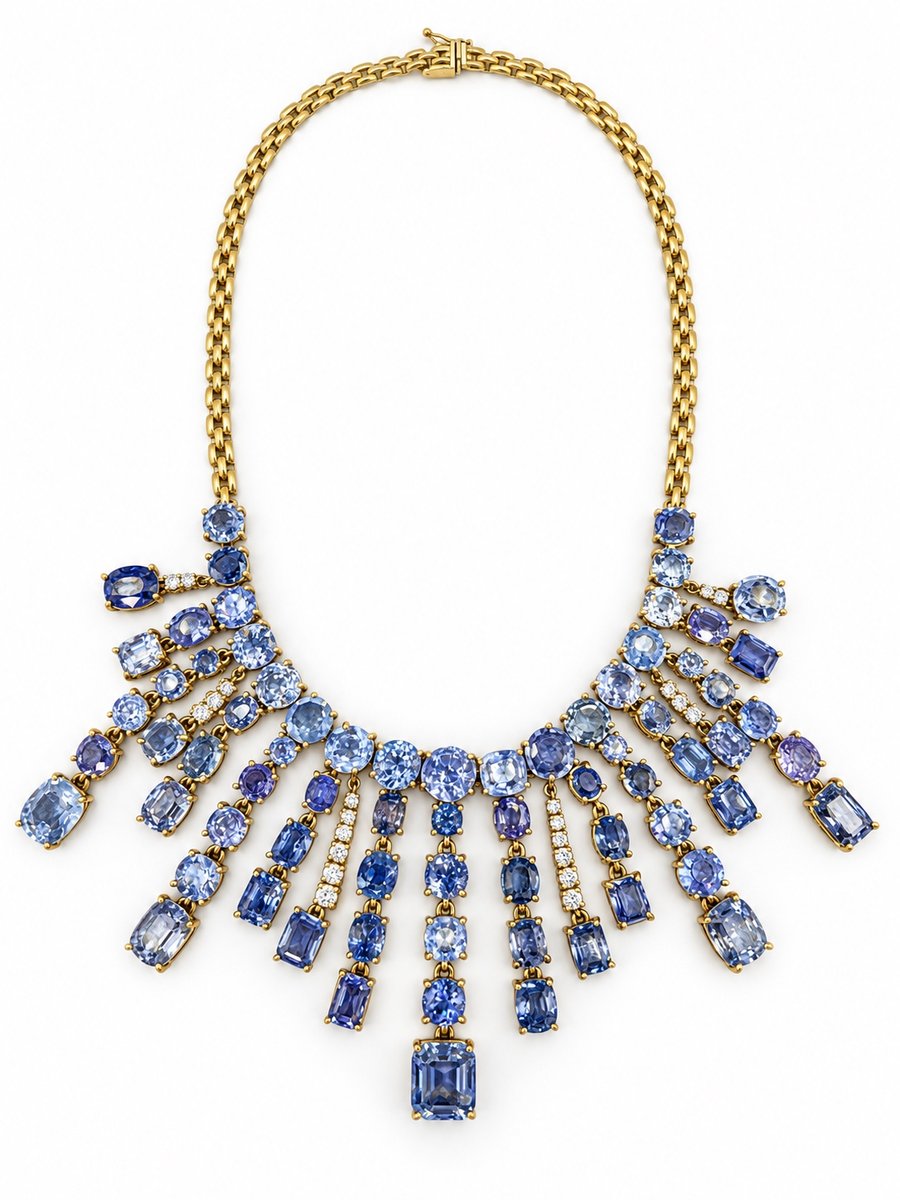 18K Yellow Gold Ceylon No-heat Sapphire & Diamond Necklace