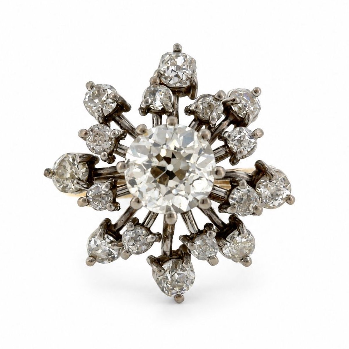 1950's Platinum & 18K Yellow Gold Diamond Snowflake Ring