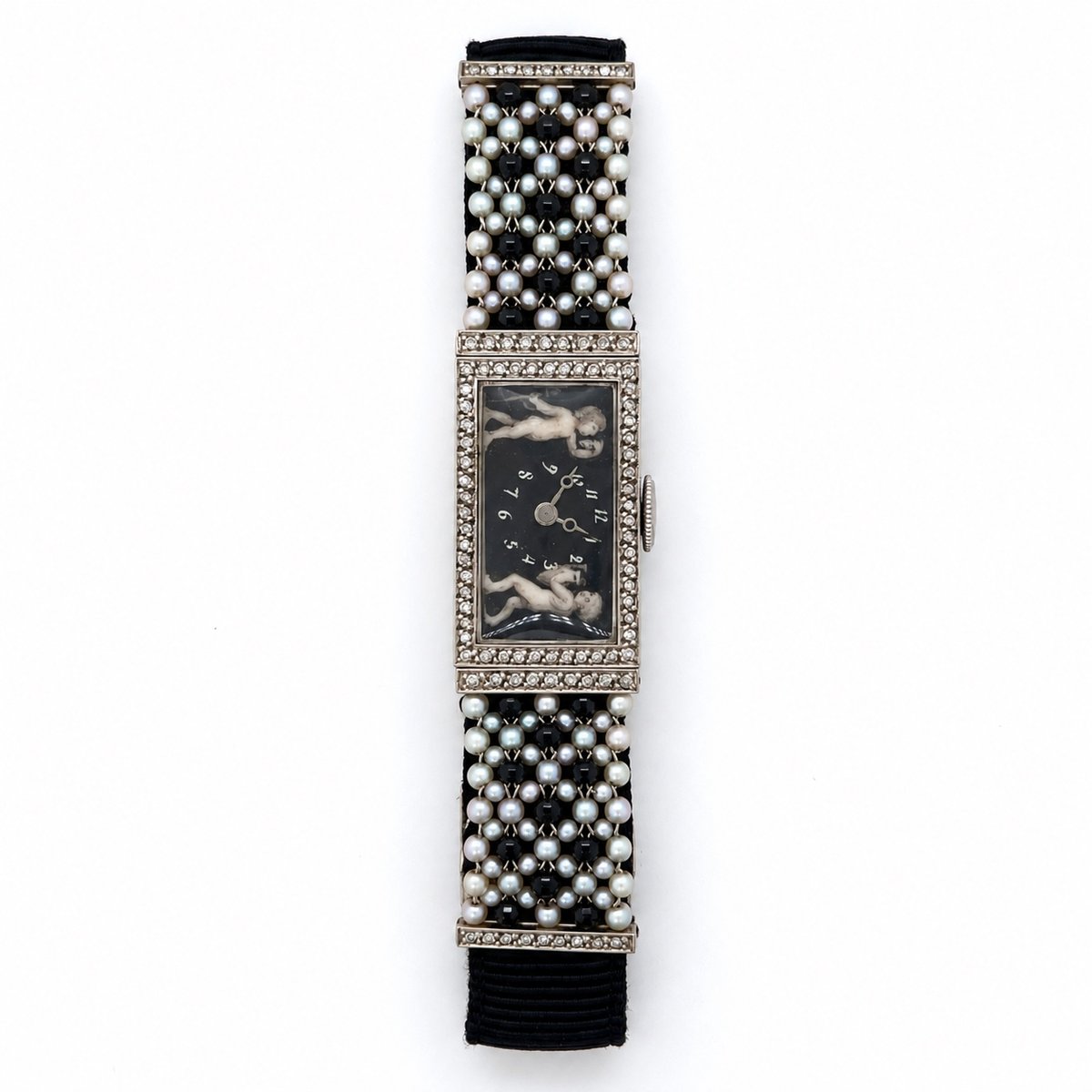Art Deco Platinum Diamond, Natural Pearl & Onyx Watch
