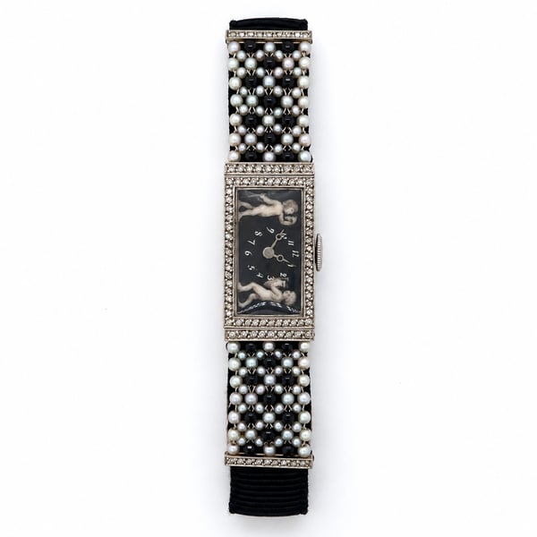 Art Deco Platinum Diamond, Natural Pearl & Onyx Watch
