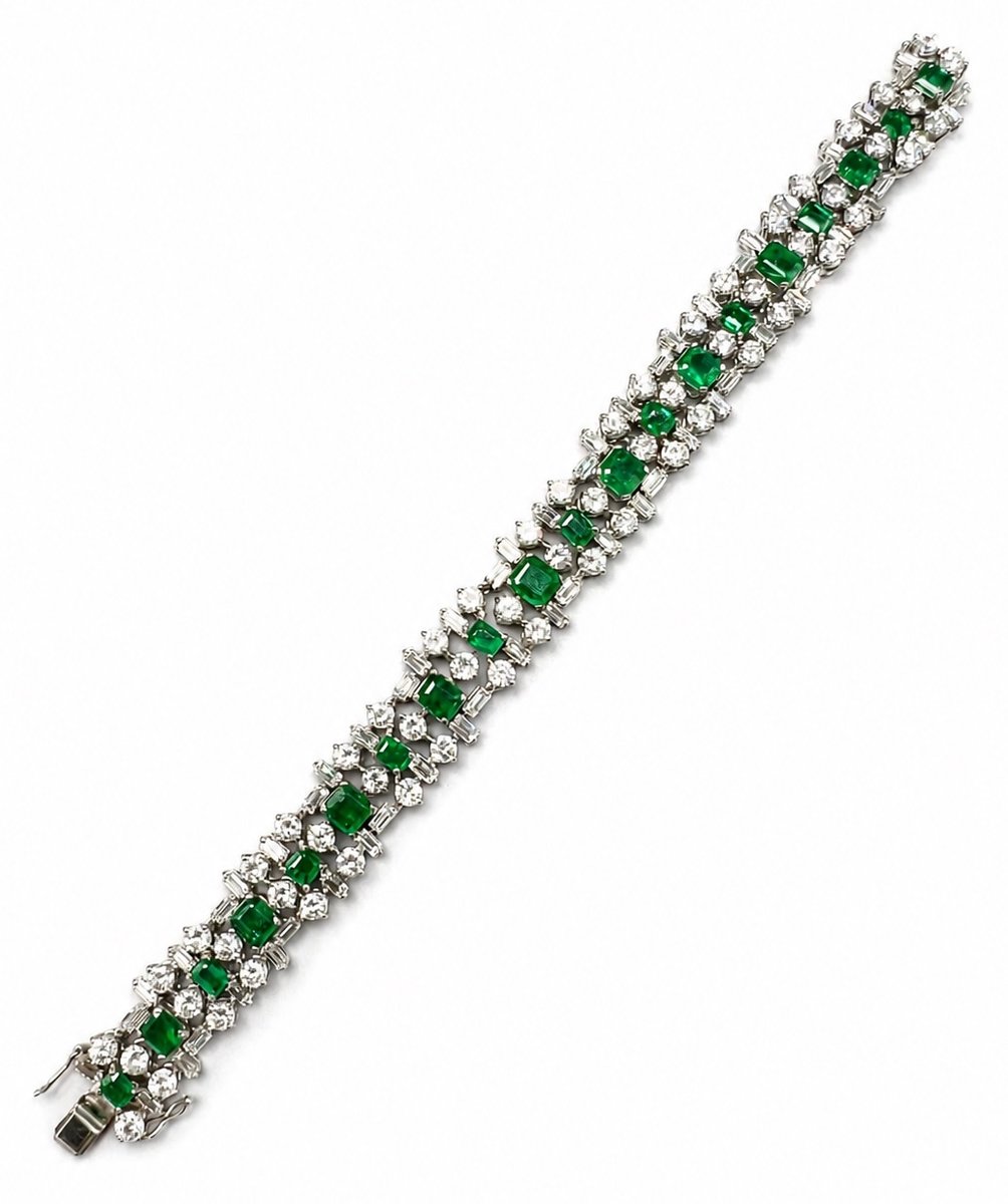 1960'S 18K White Gold Emerald & Diamond Bracelet