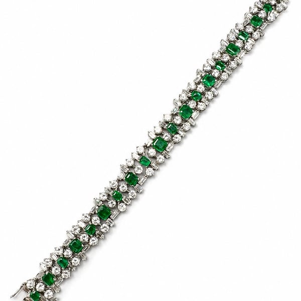 1960'S 18K White Gold Emerald & Diamond Bracelet