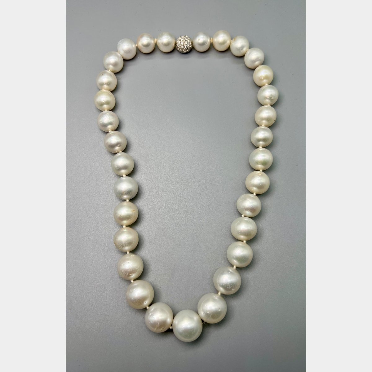 18K White Gold Graduated South Sea Pearl and Diamond Clasp Necklace