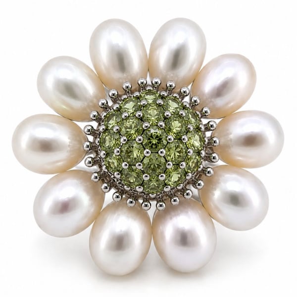18K White Gold Fresh Water Pearl & Peridot Brooch/Pendant