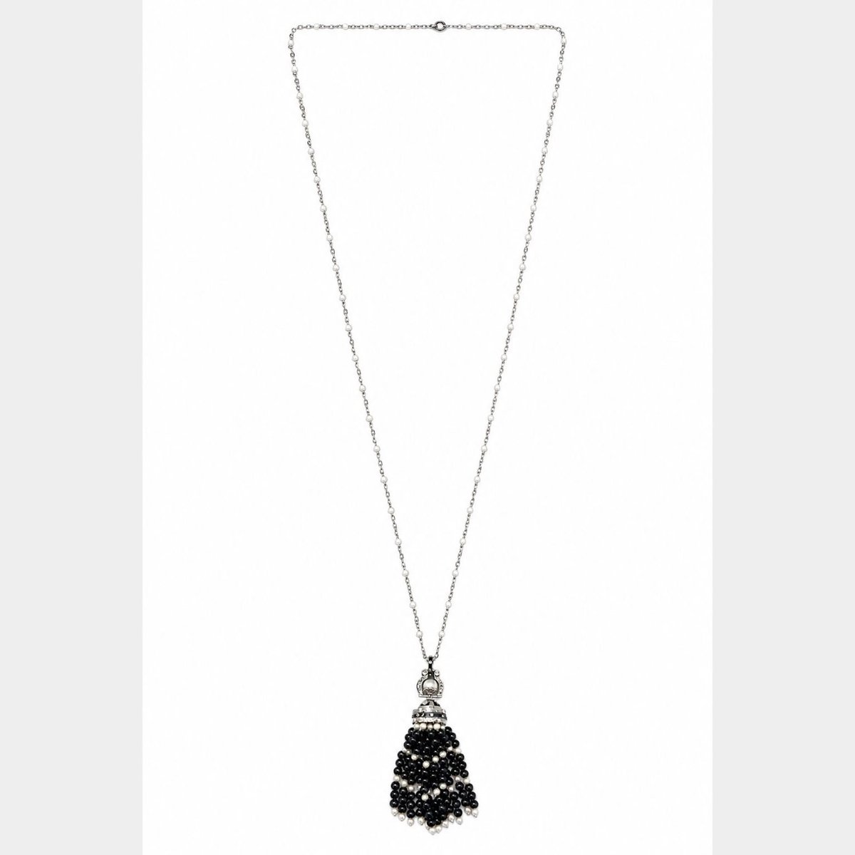 Art Deco Platinum Natural Pearl, Onyx, and Diamond Necklace