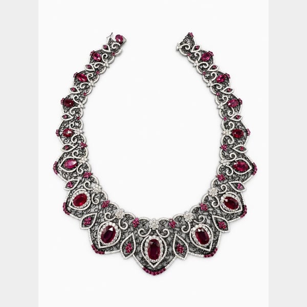 18K White Gold Diamond & Ruby Necklace