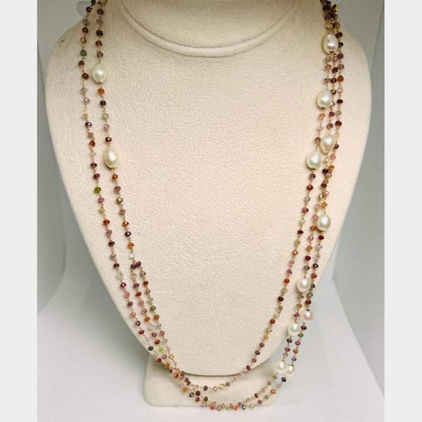 18K Yellow Gold Semi-Precious Stone & Pearl Necklace