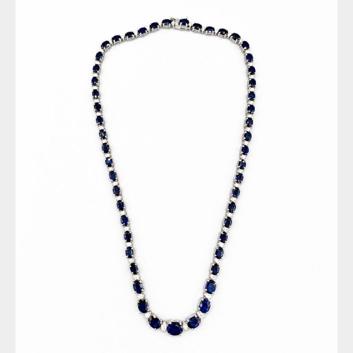 14K White Gold Graduated Sapphire & Diamond Necklace