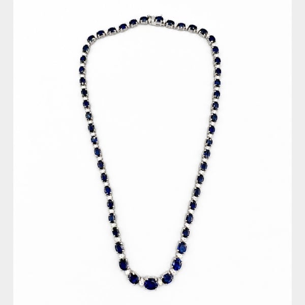 14K White Gold Graduated Sapphire & Diamond Necklace