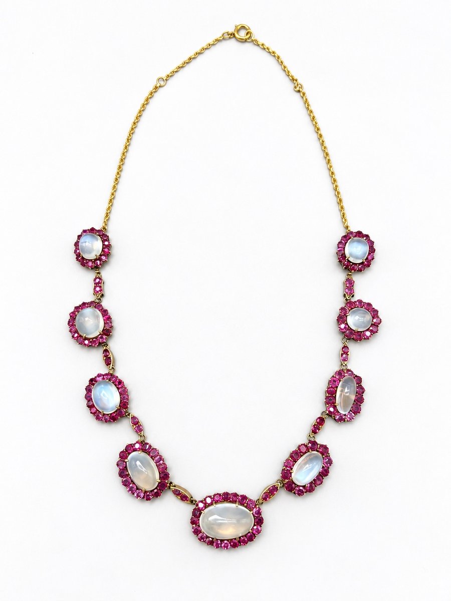Antique 14K Yellow Gold Moonstone & Ruby Necklace