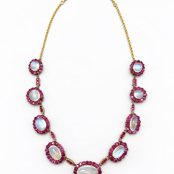 Antique 14K Yellow Gold Moonstone & Ruby Necklace