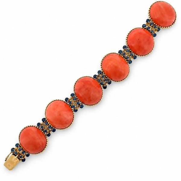 1960s 18K Yellow Gold Coral & Sapphire Bracelet