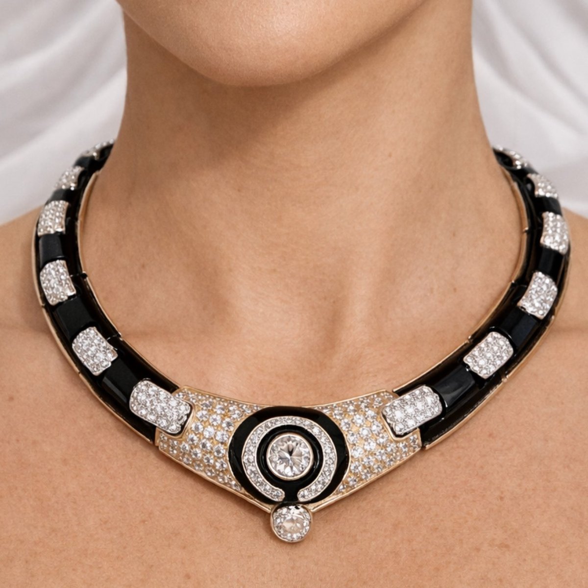 18K Yellow Gold Diamond & Onyx Necklace
