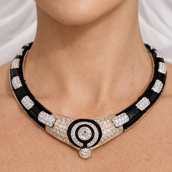 18K Yellow Gold Diamond & Onyx Necklace