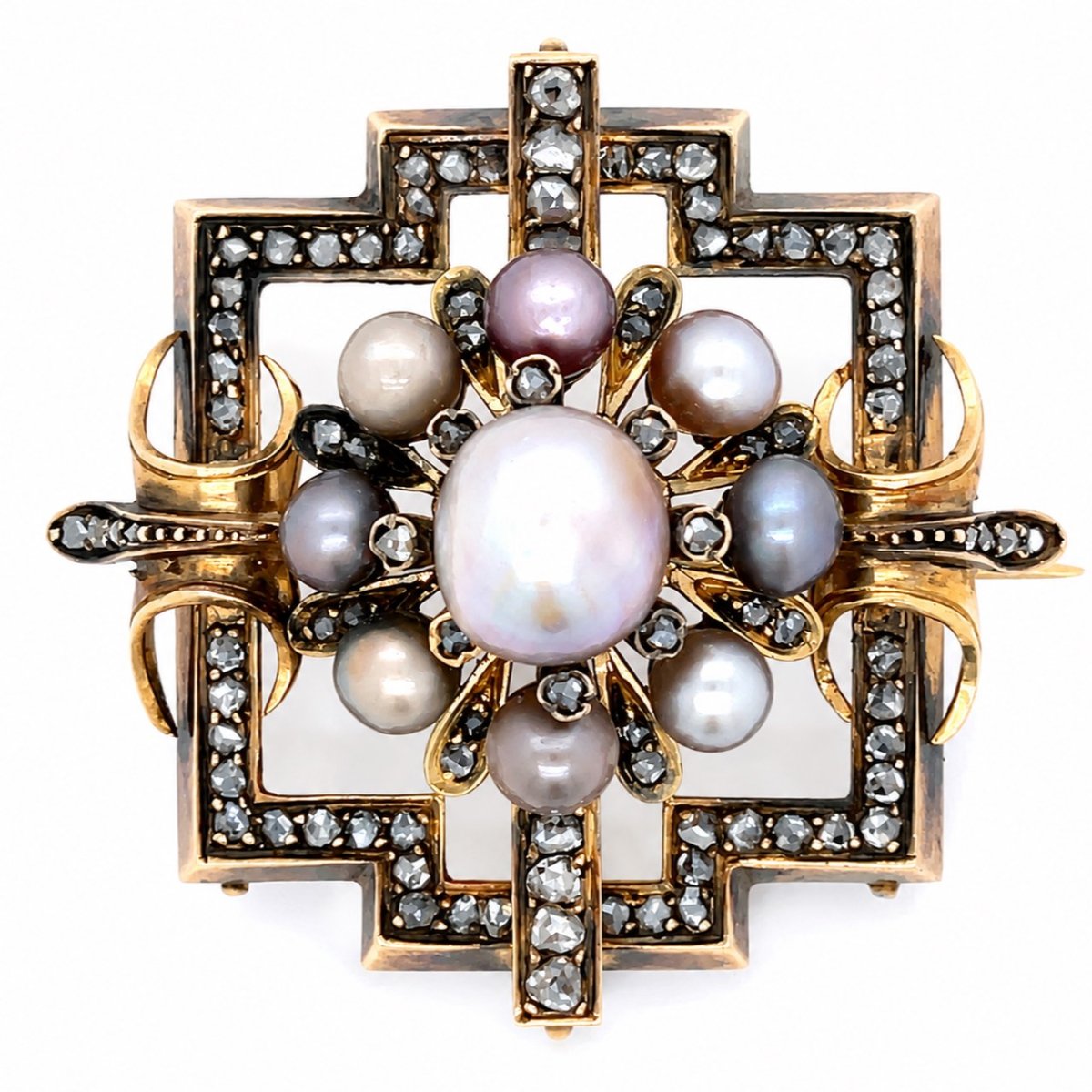 French 18K Yellow Gold Natural Pearl & Diamond Brooch/Pendant