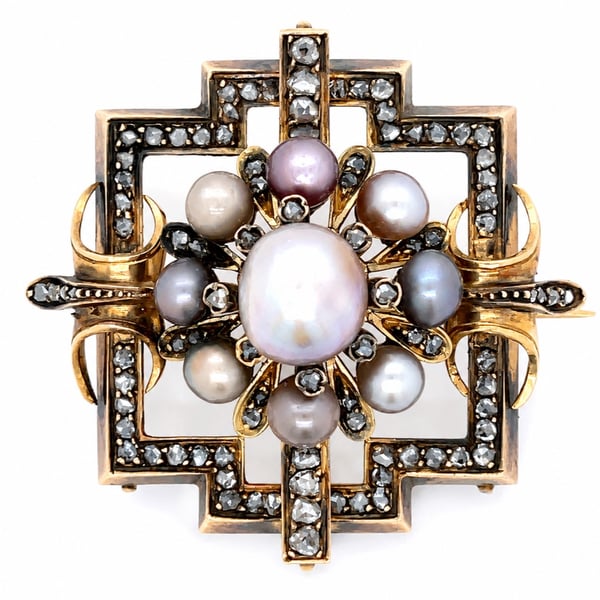 French 18K Yellow Gold Natural Pearl & Diamond Brooch/Pendant