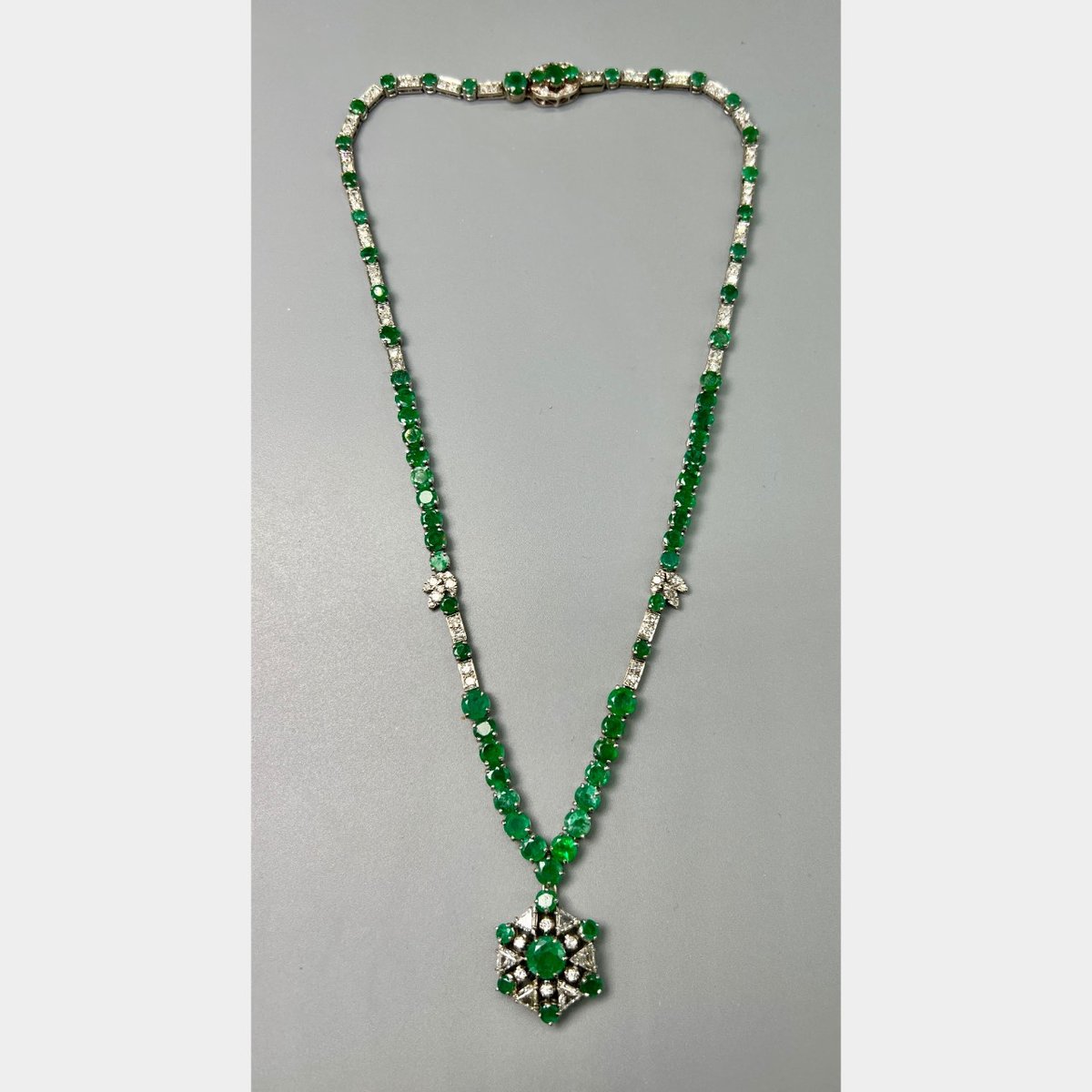 1950’s 14K White Gold Emerald & Diamond Necklace