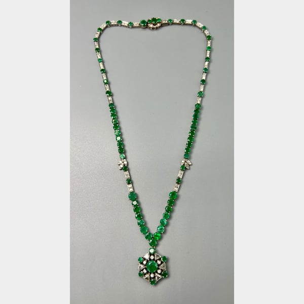 1950’s 14K White Gold Emerald & Diamond Necklace