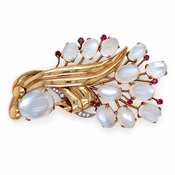 Retro 14K Yellow Gold Diamond & Moonstone Brooch