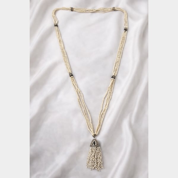 Victorian Platinum Natural Pearl & 14K Diamond Clasp Necklace