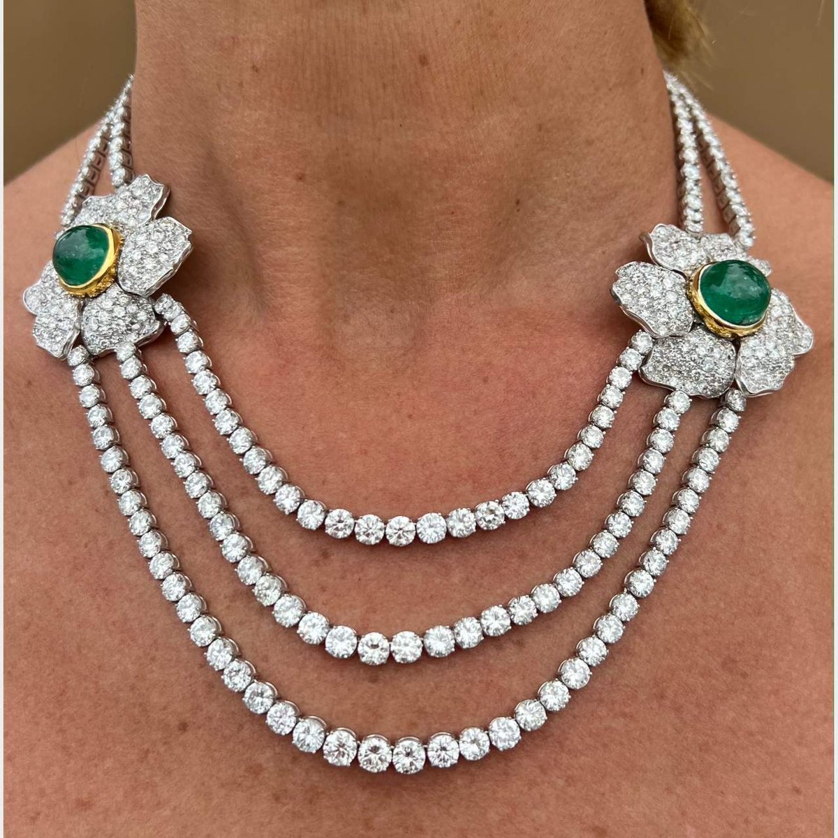 Platinum & 18K Yellow Gold Diamond and Emerald Flower Necklace