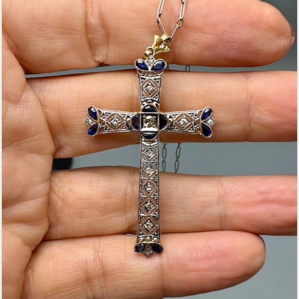 Antique 18K & Platinum Cross Pendant w/ Chain