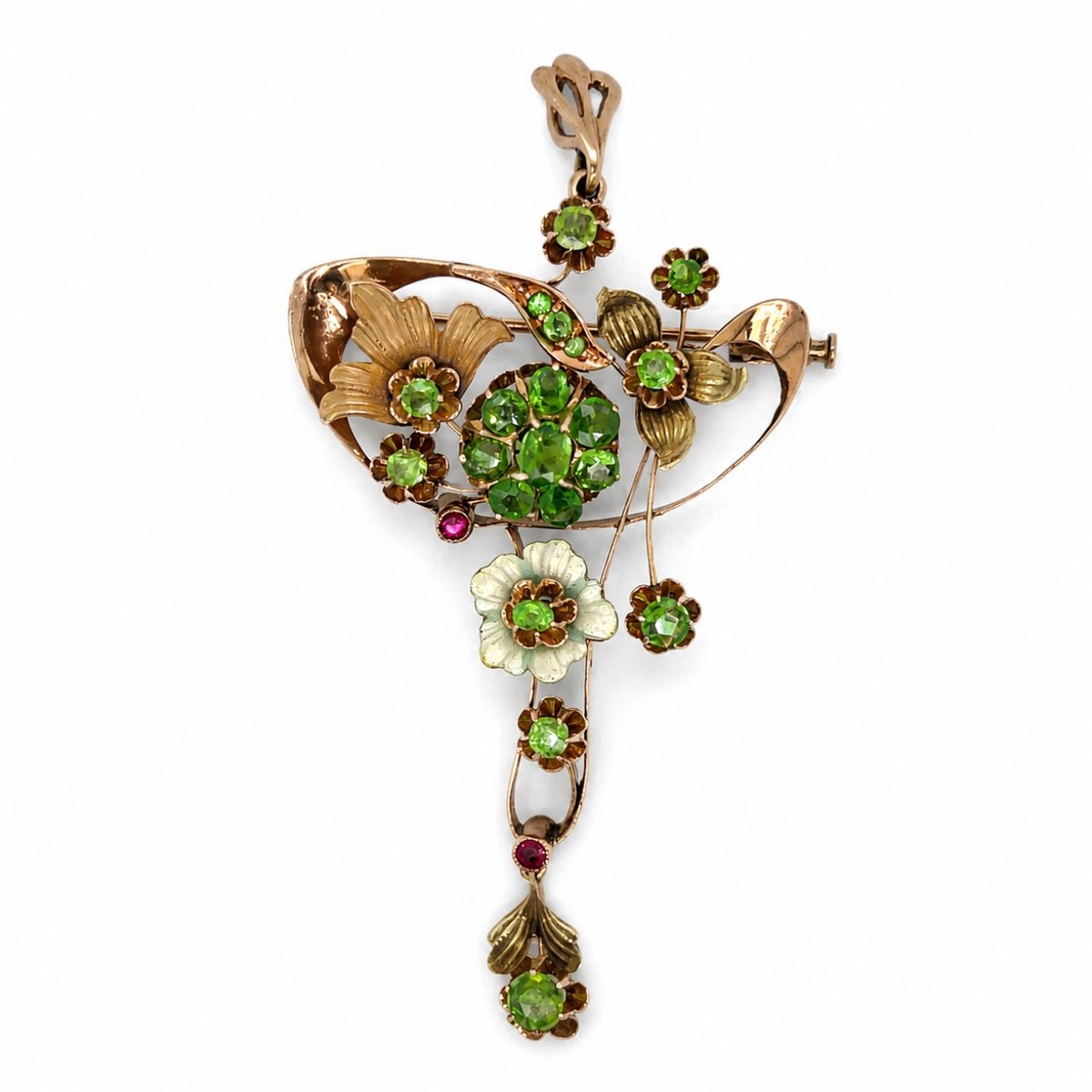 14K Yellow Gold Russian Demantoid Garnet & Ruby Brooch/Pendant