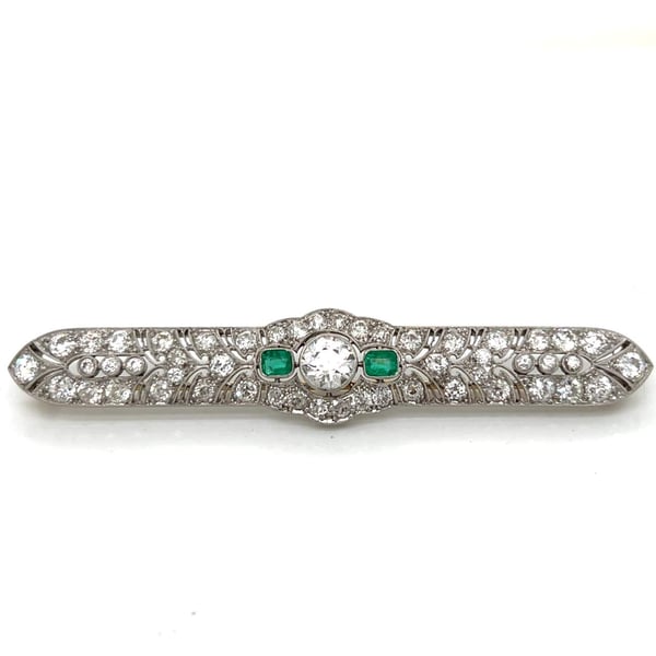 Art Deco Platinum Diamond & Emerald Brooch