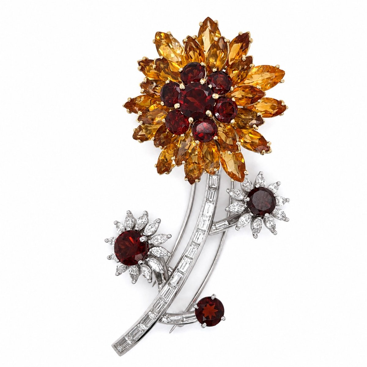 1970’s Platinum & 18K Yellow Gold Garnet, Citrine, and Diamond Flower Brooch