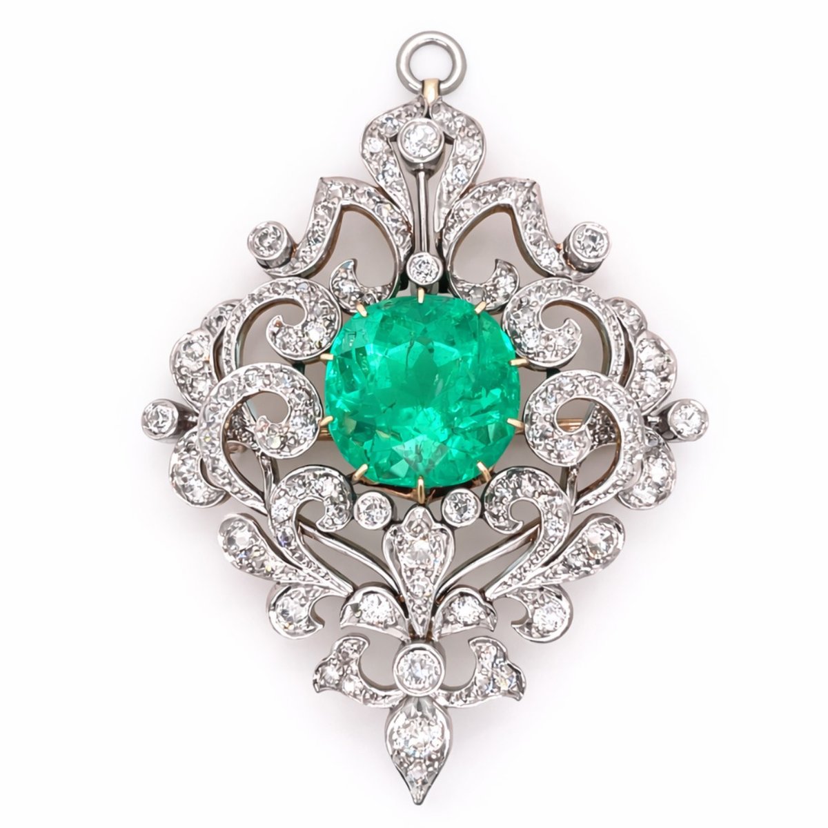 18K Yellow Gold & Platinum Top GIA Certified Colombian Emerald and Diamond Pendant/Brooch