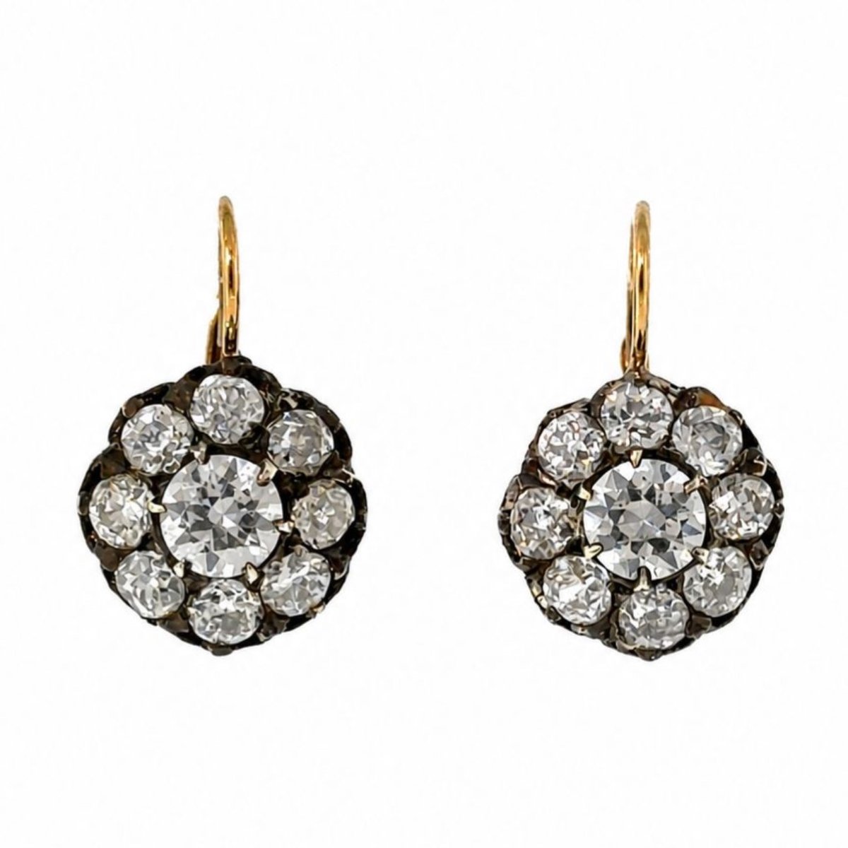 18K Yellow Gold & Silver Diamond Cluster Earrings