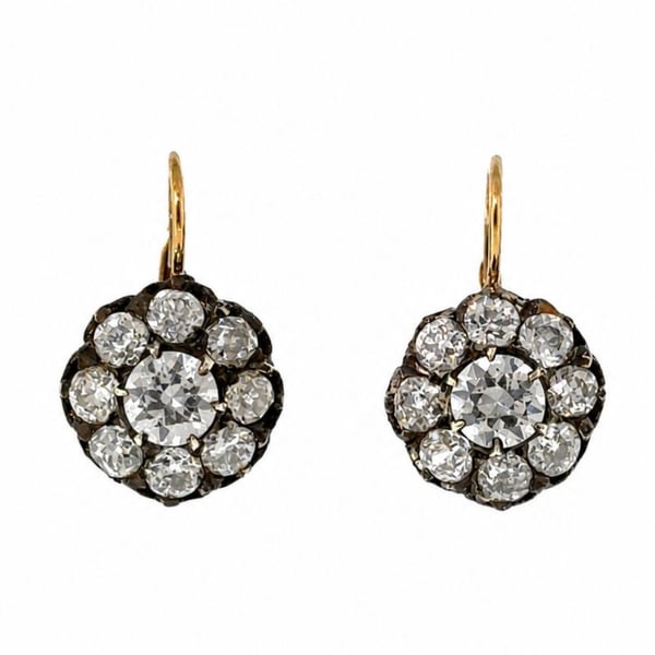 18K Yellow Gold & Silver Diamond Cluster Earrings