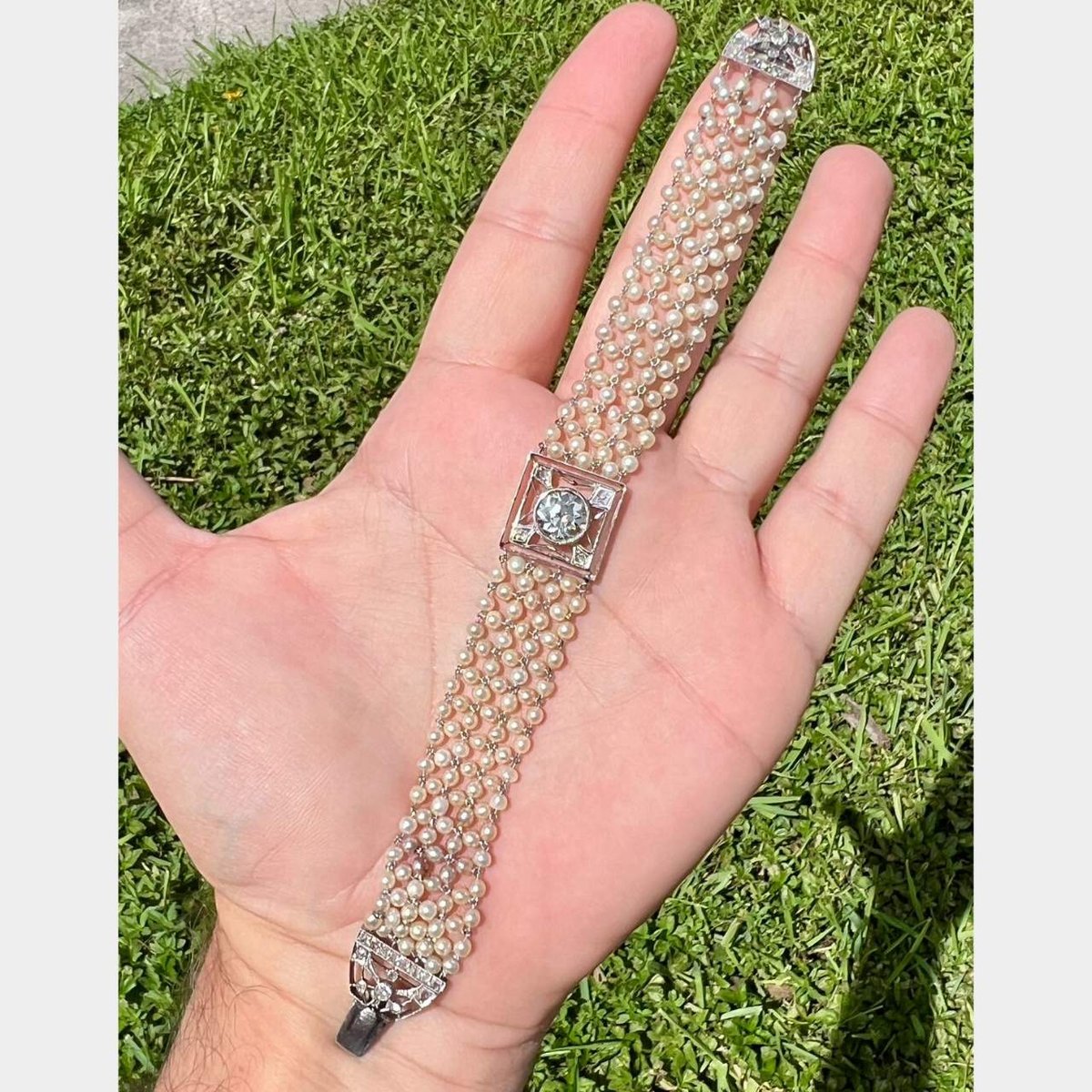 Art Deco Platinum Natural Pearl & Diamond Bracelet