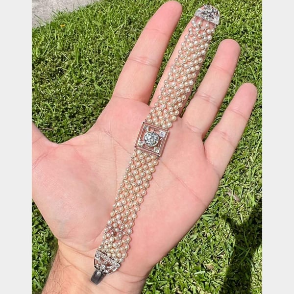 Art Deco Platinum Natural Pearl & Diamond Bracelet